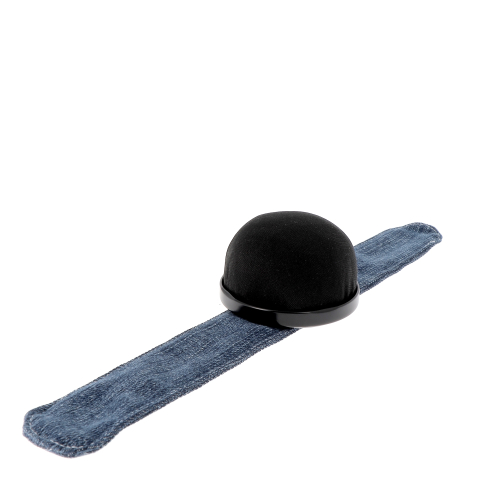 Black pincushion & denim upcycled slap bracelet 